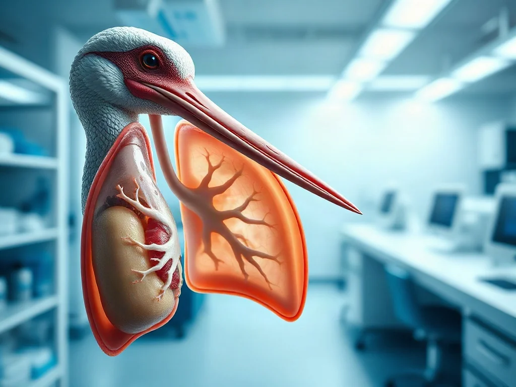Szczegółowa ilustracja anatomiczna płuc i worków powietrznych ptaka, ukazująca złożoną strukturę parabronchiów.