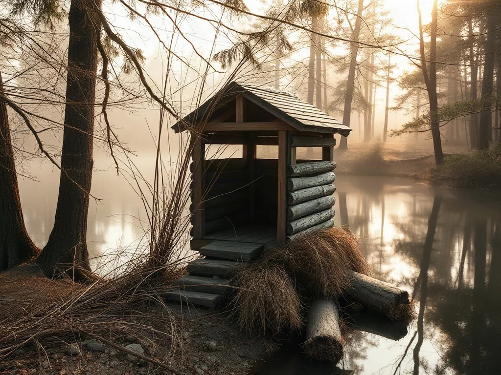 Drewniana czatownia na ptaki zamaskowana gałęziami i trawą, usytuowana nad brzegiem zamglonego jeziora w lesie.