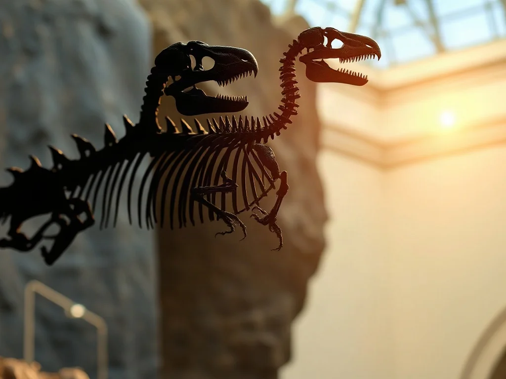 Szkielet dinozaura płynnie przechodzący w budowę współczesnego ptaka, ilustrujący ewolucyjne powiązanie między nimi.