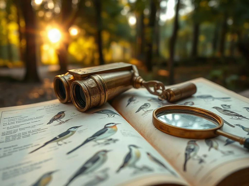 Otwarty atlas ptaków z ilustracjami, mosiężną lornetką i lupą na tle słonecznego lasu, zachęcający do obserwacji przyrody.