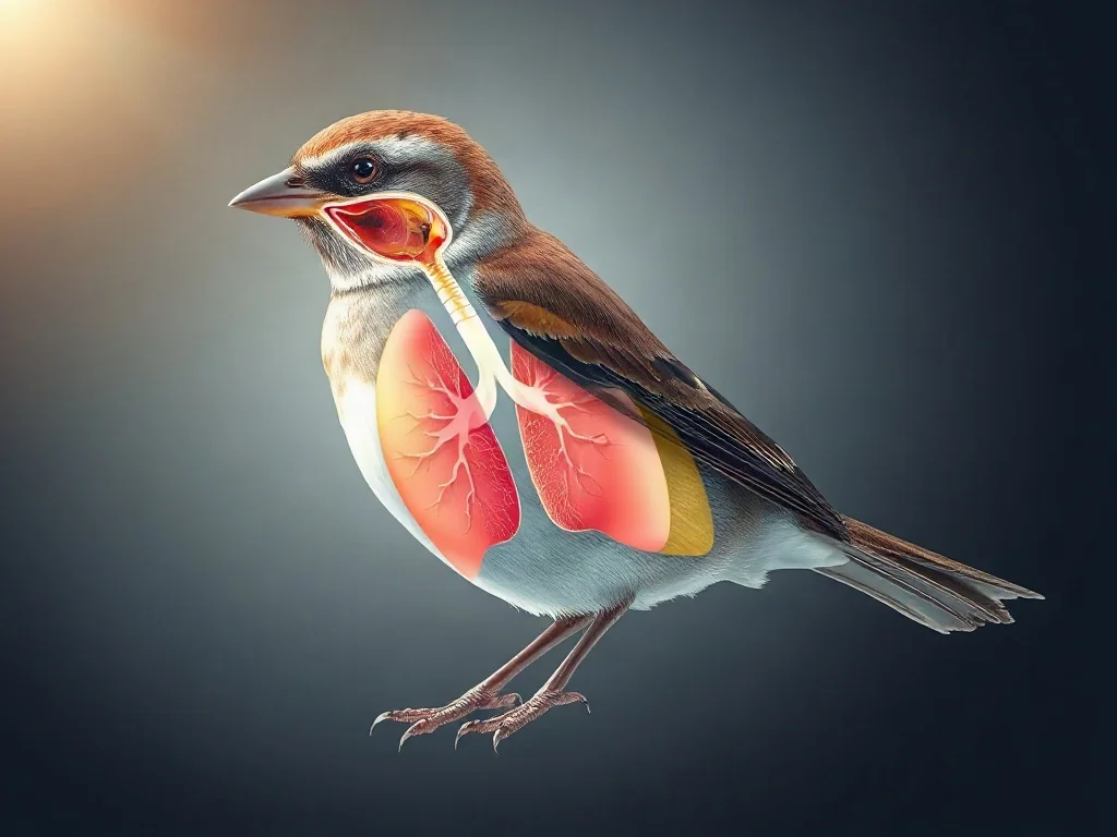 Szczegółowa ilustracja anatomiczna układu oddechowego wróbla z widocznymi płucami i workami powietrznymi.