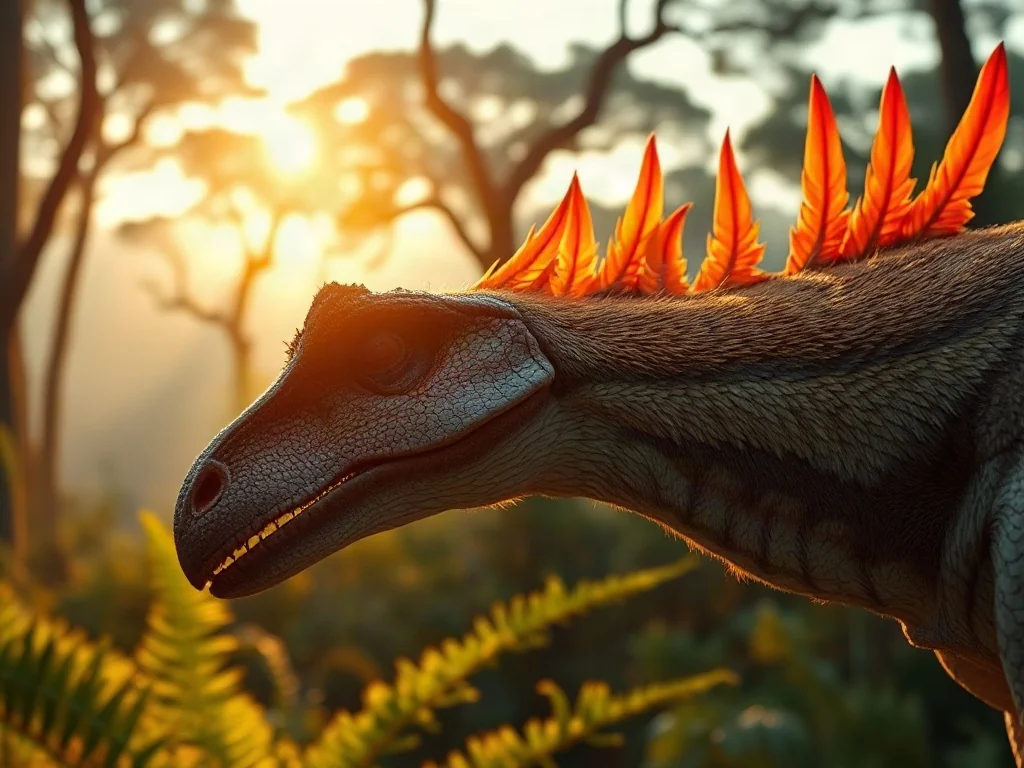Skamieniała skóra dinozaura przechodząca w szczegółowe, barwne upierzenie w świetle zachodzącego słońca.