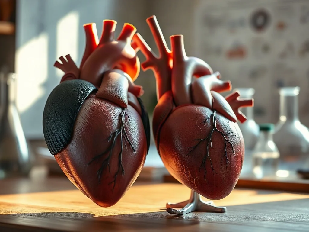 Porównanie anatomiczne serca ptaka i ssaka na laboratoryjnym stole, ilustrujące różnice w budowie układu krwionośnego.