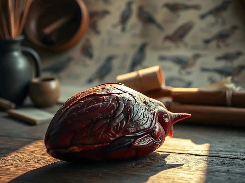 Szczegółowy model anatomiczny serca ptaka na drewnianym stole, otoczony szkicami biologicznymi.