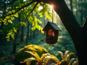 Zniszczona drewniana budka lęgowa na starej ceglanej ścianie, symbolizująca utratę naturalnych miejsc gniazdowania wróbli.