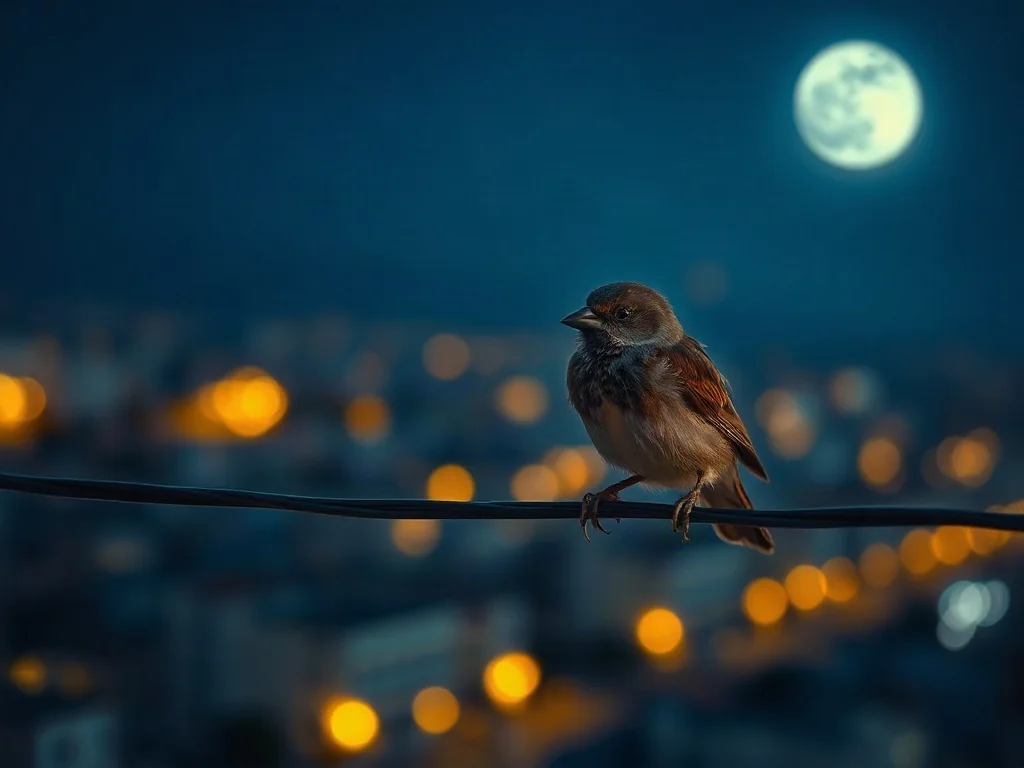 Wróbel siedzący na drucie na tle rozświetlonego nocnego miasta, obrazujący wpływ sztucznego światła na ptaki.