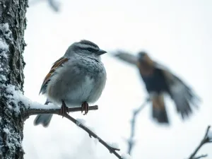 Wróbel siedzący na starym drewnianym płocie w ogrodzie, oświetlony ciepłym światłem poranka.