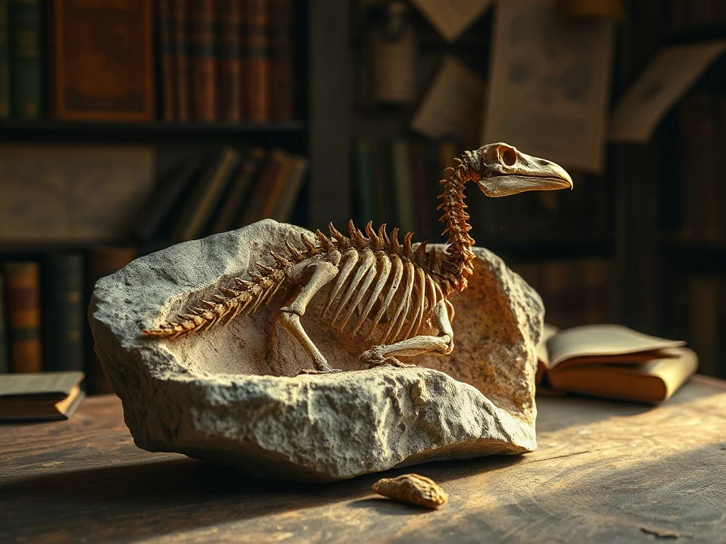Skamieniały szkielet prehistorycznego ptaka na tle starej biblioteki, ilustrujący ewolucję gatunków.