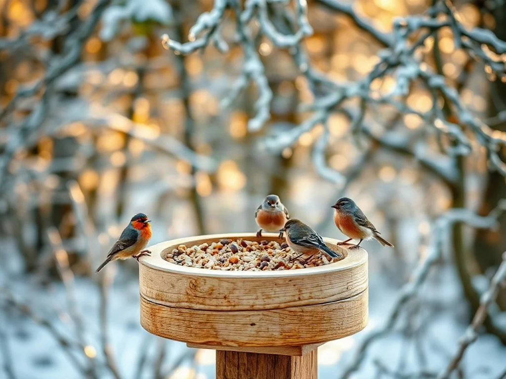 Drewniany karmnik w zimowym ogrodzie z sikorkami i kowalikami korzystającymi z wyłożonych ziaren i orzechów.