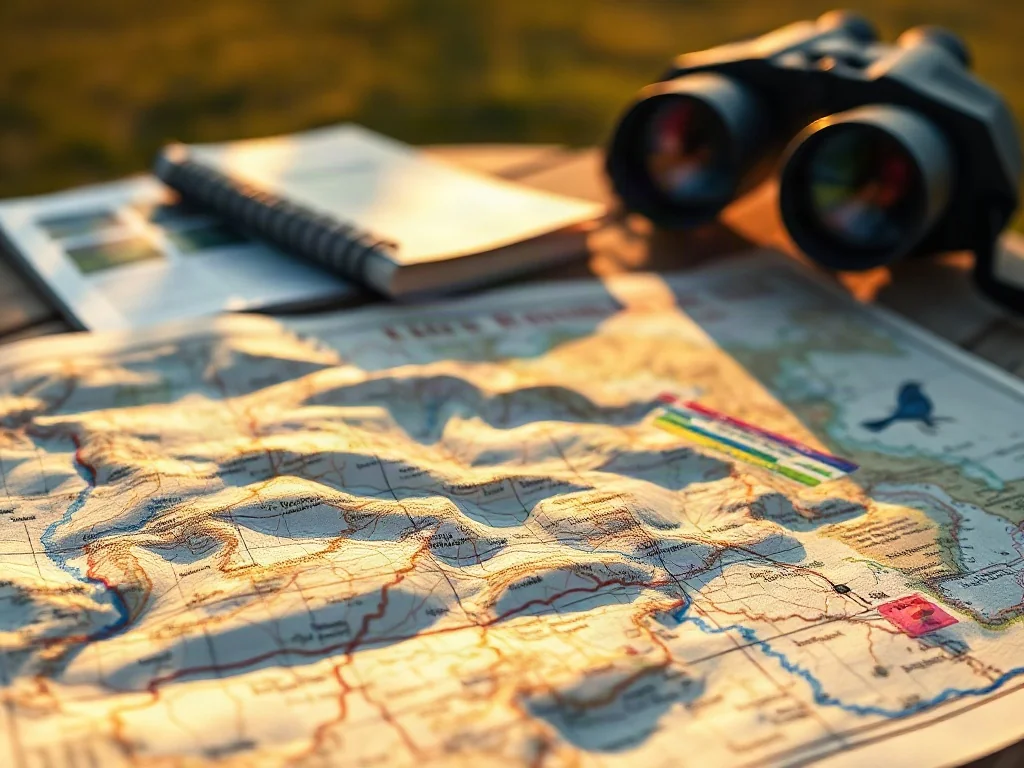 Szczegółowa mapa ornitologiczna z trasami migracji ptaków leżąca na drewnianym stole w czatowni obok lornetki.
