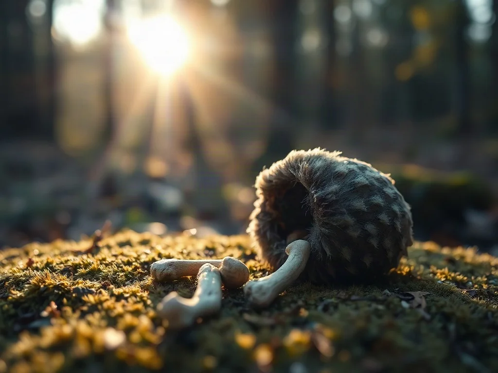 Wypluwka sowy leżąca na mchu, z widocznymi fragmentami kości i sierści, ukazująca naturalny sposób odżywiania się ptaków.