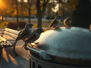 Grupa wróbli siedzących na krawędzi szarego ekranu akustycznego przy autostradzie w porannym świetle.