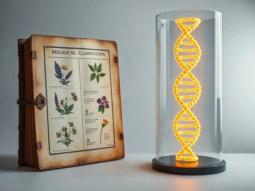 Zestawienie starej księgi symbolizującej klasyfikację tradycyjną oraz nowoczesnej struktury DNA obrazującej genetykę.